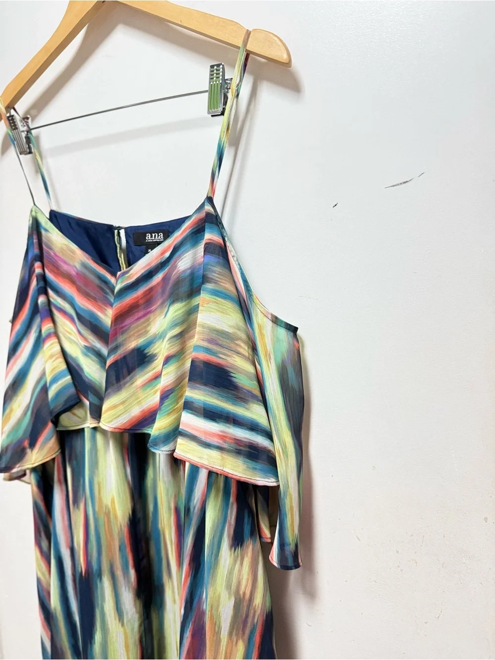 a.n.a Off-Shoulder Watercolor Stripe Asymmetrical Midi Dress - Navy, Teal, Red - Picture 4 of 10